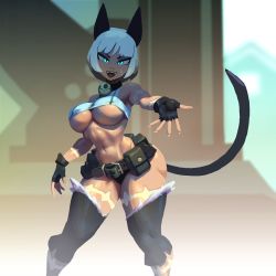 Rule 34 | 1girl, :3, bare shoulders, belt pouch, blue eyes, bob cut, breasts, bridge, cat girl, crop top, dark-skinned female, dark skin, detached leggings, fangs, fingerless gloves, gloves, highres, large breasts, ms. fortune (skullgirls), navel, neck bell, noonun, open mouth, outstretched hand, pouch, scar, short hair, skullgirls, smile, solo, tail, thick thighs, thighs, underboob, white hair