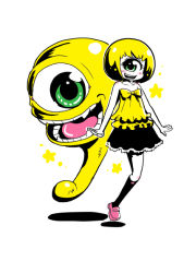 Rule 34 | 1990s (style), 1girl, bare shoulders, blonde hair, blush, collarbone, cyclops, green eyes, monster farm, one-eyed, open mouth, personification, retro artstyle, shake-o, simple background, skirt, smile, star (symbol), suezo, white background