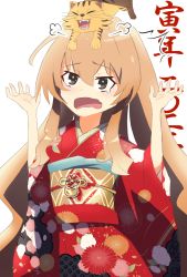 Rule 34 | 1girl, aisaka taiga, brown eyes, brown hair, chinese zodiac, commentary request, floral print, hair between eyes, hands up, highres, japanese clothes, kimono, long hair, long sleeves, new year, nuage, obi, open mouth, palmtop tiger, red kimono, sash, teardrop, tiger, toradora!, translation request, very long hair, wavy mouth, white background, wide sleeves, year of the tiger, yukata