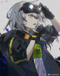 Rule 34 | 1girl, absurdres, black gloves, black jacket, candy, cheyue, croque (neural cloud), food, girls&#039; frontline, girls&#039; frontline neural cloud, gloves, goggles, goggles on head, grey background, grey hair, hair between eyes, highres, holding, holding candy, holding food, holding lollipop, jacket, lollipop, open mouth, shirt, solo, upper body, weibo watermark, yellow eyes