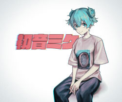 Rule 34 | 1girl, absurdres, alternate hair length, alternate hairstyle, bad id, bad pixiv id, blue eyes, blue hair, bokuya, character name, double bun, hatsune miku, highres, light smile, looking to the side, looking up, sitting, solo, v, vocaloid, wheel
