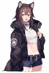 Rule 34 | 1girl, :o, animal ear fluff, animal ears, arm at side, belt, belt buckle, black hair, black jacket, breasts, brown eyes, buckle, clothes writing, crop top, cropped legs, denim, denim shorts, fang, hand up, jacket, legs apart, long hair, long sleeves, looking at viewer, medium breasts, midriff, nail polish, navel, open clothes, open jacket, open mouth, original, paw print, red nails, shirt, short shorts, shorts, shugao, sidelocks, simple background, sleeves past wrists, solo, standing, stomach, tail, teeth, turtleneck, v-shaped eyebrows, white background, white shirt, wing collar, wolf ears, wolf tail