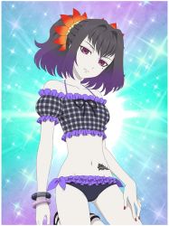 Rule 34 | 1girl, artist request, bare shoulders, bikini, black hair, bracelet, braid, choker, flower, hair flower, hair ornament, jewelry, medium hair, mole, mole under eye, multicolored hair, multiple braids, nail polish, namco, official art, purple eyes, purple hair, red nails, sandals, sideless outfit, solo, swimsuit, symonne (tales), tales of (series), tales of the rays, tales of zestiria, thighhighs, twintails, two-tone hair, underwear