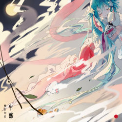 Rule 34 | 1girl, absurdly long hair, alternate hairstyle, animal, aqua nails, blue hair, blurry, blush, branch, rabbit, chinese clothes, chinese commentary, chuushuu meigetsu miku, commentary, commentary request, corky, curly hair, dress, dutch angle, english commentary, closed eyes, fingernails, flower, fog, food, full moon, hair between eyes, hair flower, hair ornament, hand fan, hatsune miku, holding, holding fan, leaf, light smile, long dress, long hair, mixed-language commentary, moon, nail polish, night, night sky, paper fan, plate, sky, smile, solo, uchiwa, very long hair, vocaloid, white flower