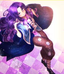 Rule 34 | 1other, androgynous, ascot, bandaged leg, bandages, black footwear, blue capelet, blue robe, brown pants, capelet, checkered background, clause (len&#039;en), closed mouth, collared shirt, dated, full body, hands in hair, highres, len&#039;en, long hair, long sleeves, looking at viewer, open clothes, open robe, other focus, pants, parted bangs, pink shirt, puffy pants, purple background, purple eyes, purple hair, robe, shirt, shoes, signature, smile, solo, wavy hair, white ascot, white trim, wide sleeves, yukkyon kyon