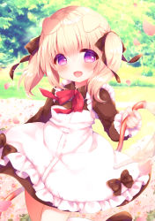 Rule 34 | 1girl, :d, animal ears, apron, black bow, blonde hair, blush, bow, brown bow, brown eyes, brown footwear, collared shirt, commentary request, dog ears, flower, frilled apron, frills, hair between eyes, hair bow, haru ichigo, highres, holding, hose, kneehighs, long sleeves, looking at viewer, maid, open mouth, original, petals, pink flower, purple eyes, red bow, shirt, shoes, smile, socks, solo, sparkle, standing, standing on one leg, twintails, water, white apron, white socks