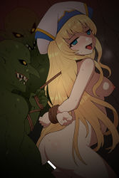 Rule 34 | arms behind back, ass, bdsm, blonde hair, blue eyes, blush, bondage, bound, breasts, cave, covered erect nipples, empty eyes, goblin, goblin slayer!, hat, nipples, nude, open mouth, peril, priestess, priestess (goblin slayer!), rape, restrained, rope, sex, sex slave, sharp teeth, small breasts, sweat, teeth, tongue