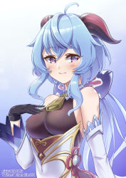 Rule 34 | 1girl, absurdres, ahoge, bare shoulders, bell, black gloves, blue hair, blush, bow, breasts, chanakim, chinese knot, detached sleeves, flower knot, ganyu (genshin impact), genshin impact, gloves, hand on own chest, highres, horns, long hair, looking at viewer, low ponytail, medium breasts, neck bell, purple eyes, sidelocks, smile, solo, twitter username, upper body, vision (genshin impact), white sleeves