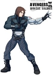 Rule 34 | 1boy, animification, artist name, asymmetrical sleeves, avengers (series), belt, black footwear, blue pants, boots, brown hair, character name, collared jacket, copyright name, crossover, english text, fighting stance, fingerless gloves, gloves, guilty gear, guilty gear xrd, high collar, jacket, james buchanan barnes, male focus, marvel, marvel cinematic universe, mechanical arms, medium hair, multiple belts, muscular, muscular male, pants, shamserg, single fingerless glove, single mechanical arm, solo, star (symbol), white background, winter soldier, wrist belt