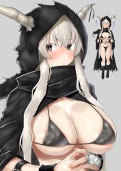 Rule 34 | 1girl, absurdres, arknights, bare legs, bikini, black bikini, black dress, black eyes, black footwear, black scarf, boots, buttons, cloak, commentary request, dress, embarrassed, flying sweatdrops, full body, hair between eyes, highres, hood, hood up, hooded cloak, horns, horns through hood, jewelry, knee boots, knee pads, long hair, looking away, own hands together, partial commentary, scarf, shining (arknights), shooki (wadacchi non), sidelocks, sideways glance, swimsuit, torn cloak, torn clothes, upper body, very long hair, white dress, white hair, wrist wrap