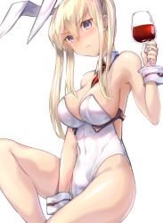 Rule 34 | 10s, 1girl, alcohol, alternate costume, animal ears, armadillo-tokage, armpits, bad id, bad twitter id, bare legs, bare shoulders, between breasts, blonde hair, blue eyes, bow, bowtie, breasts, cleavage, covered navel, cup, detached collar, drinking glass, fake animal ears, graf zeppelin (kancolle), hair between eyes, holding, holding cup, holding drinking glass, kantai collection, large breasts, leotard, long hair, necktie, necktie between breasts, playboy bunny, rabbit ears, rabbit tail, serious, sidelocks, sitting, solo, tail, thighs, tsurime, twintails, white leotard, wine, wine glass, wrist cuffs