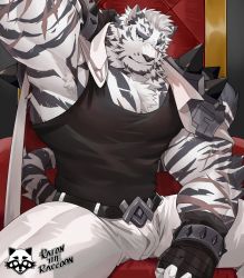 Rule 34 | 1boy, animal ears, arknights, armpit hair, armpits, bandages, bandaged hand, bandages, bara, belt, black belt, black tank top, bulge, coat, coat on shoulders, furry, furry male, highres, large pectorals, looking at viewer, male focus, mountain (arknights), muscular, muscular male, pants, pectoral cleavage, pectorals, ratontheraccoon, scar, scar across eye, scar on arm, scar on chest, scar on face, selfie, short hair, sidepec, sitting, smile, solo, spread legs, tank top, thick thighs, thighs, throne, tiger boy, tiger ears, white fur, white hair, white pants