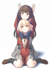 Rule 34 | 2girls, arms around neck, arms up, belt, black hair, black socks, blonde hair, blue dress, blue eyes, blush, bob cut, brown footwear, closed mouth, commentary, dress, grey dress, guitaristkaz, highres, inoue takina, kneeling, leaning back, loafers, long hair, looking at another, looking down, looking up, lycoris recoil, lycoris uniform, meme, multiple girls, nishikigi chisato, own hands together, pleated dress, red belt, red dress, red eyes, red ribbon, ribbon, sakana~ (meme), shadow, shoes, short hair, sitting, smile, socks, two-tone dress, wariza