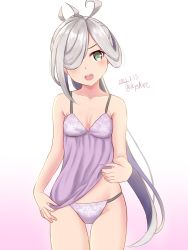 Rule 34 | 1girl, ahoge, ame-san, asashimo (kancolle), babydoll, babydoll lift, collarbone, cowboy shot, dated, gradient background, grey eyes, hair over one eye, highres, kantai collection, long hair, looking at viewer, panties, ponytail, purple panties, sharp teeth, silver hair, smile, solo, teeth, twitter username, underwear, underwear only, white background