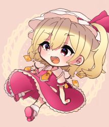 Rule 34 | 1girl, bad id, bad twitter id, blonde hair, chibi, crystal, flandre scarlet, frills, hat, hat ribbon, laspberry., mob cap, open mouth, puffy short sleeves, puffy sleeves, red eyes, red footwear, red skirt, red vest, ribbon, shirt, short sleeves, side ponytail, skirt, skirt set, solo, touhou, vest, white hat, white shirt, wings, yellow neckwear