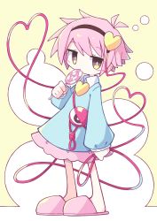 Rule 34 | 1girl, asameshi, black hairband, blue shirt, blush stickers, bright pupils, candy, food, food in mouth, full body, hair ornament, hairband, heart, heart hair ornament, heart of string, highres, holding, holding food, jitome, komeiji satori, lollipop, long sleeves, looking at viewer, no socks, pink footwear, pink hair, pink skirt, shirt, short hair, skirt, slippers, solo, swirl lollipop, third eye, touhou, white pupils, yellow background