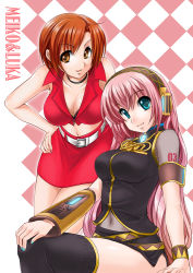 Rule 34 | 2girls, aqua eyes, arm support, armband, bad id, bad pixiv id, bare arms, bare legs, bare shoulders, belt, black choker, blue nails, breasts, brown eyes, brown hair, character name, checkered background, choker, cleavage, closed mouth, collarbone, collared shirt, detached sleeves, eyes visible through hair, hair ornament, head tilt, headphones, headset, kakiko, large breasts, leaning, leaning forward, lips, long hair, looking at viewer, megurine luka, meiko (vocaloid), midriff, miniskirt, multiple girls, nail polish, navel, pencil skirt, pink hair, red nails, red shirt, red skirt, shirt, short hair, single detached sleeve, skirt, sleeveless, sleeveless shirt, smile, standing, straight hair, thighhighs, vocaloid, white belt, wristband, yellow detached sleeves