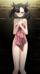 Rule 34 | 1girl, areola slip, asymmetrical bangs, bare legs, black hair, blush, breasts, choker, completely nude, covering breasts, covering privates, creatures (company), dress, feet out of frame, frown, full-face blush, game freak, glaring, green eyes, hair ribbon, highres, holding, holding clothes, legs, marnie (pokemon), medium breasts, nintendo, nude, nude cover, own hands together, pokemon, pokemon swsh, ribbon, solo, sweat, tears, thighs, tsukishiro saika, twintails, two side up, unworn dress, v-shaped eyebrows, wooden wall