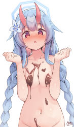 Rule 34 | 1girl, artist name, blue archive, blue hair, braid, breasts, chise (blue archive), chocolate, chocolate on body, collarbone, commentary request, completely nude, dated, e-note, flower, food on body, hair flower, hair ornament, halo, highres, horns, long hair, looking at viewer, navel, nude, out-of-frame censoring, red eyes, red horns, simple background, small breasts, solo, twin braids, white background
