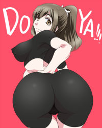 Rule 34 | 10s, 1girl, ass, atagawa, bike shorts, breasts, brown eyes, brown hair, cameltoe, covered erect nipples, female focus, from behind, huge ass, ise (kancolle), kantai collection, large breasts, long hair, looking at viewer, looking back, ponytail, shiny clothes, shiny skin, smile, solo, thigh gap