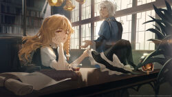 1boy 1girl black_vest blonde_hair blue_robe book bookshelf braid commission cup desk dqn_(dqnww) drinking_glass hat head_rest highres indoors kirisame_marisa long_hair morichika_rinnosuke open_mouth robe shirt short_hair side_braid skeb_commission touhou typewriter unworn_hat unworn_headwear vest white_hair white_shirt yellow_eyes