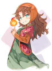 Rule 34 | 1girl, blue eyes, blue nails, blush, brown hair, commentary request, dragon quest, dragon quest vii, dress, fire, green dress, grin, hair between eyes, hand up, head scarf, jewelry, kurasuke, layered sleeves, long hair, long sleeves, maribel (dq7), nail polish, parted bangs, pink dress, pyrokinesis, ring, short over long sleeves, short sleeves, smile, solo