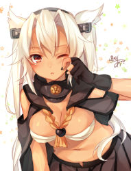 Rule 34 | 10s, 1girl, bandeau, black gloves, blonde hair, breasts, budget sarashi, cleavage, dark-skinned female, dark skin, fingerless gloves, glasses, gloves, kantai collection, large breasts, long hair, looking at viewer, midriff, musashi (kancolle), musashi kai (kancolle), navel, no eyewear, one-hour drawing challenge, one eye closed, personification, pointy hair, red eyes, sarashi, shiny skin, signature, solo, toosaka asagi, twintails, two side up, white hair