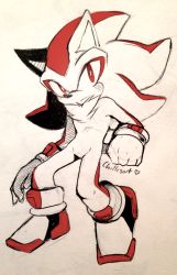 Rule 34 | 1boy, animal ears, artist name, clenched hand, closed mouth, full body, furry, furry male, gloves, heart, highres, looking at viewer, male focus, monochrome, multicolored hair, partially colored, red eyes, red hair, shadow the hedgehog, shoes, sideways mouth, simple background, solo, sonic (series), spacecolonie, tail, traditional media, two-tone hair, white background