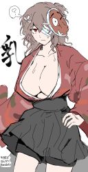 Rule 34 | 1girl, ?, ametsukana yago, bandage over one eye, black hakama, black shorts, breasts, brown hair, closed mouth, commentary request, frown, genderswap, genderswap (otf), hakama, hakama short skirt, hakama skirt, hand on own hip, hemo (hemoroda), highres, japanese clothes, kimono, large breasts, len&#039;en, long hair, long sleeves, mask, mask on head, polka dot, red kimono, shorts, simple background, sketch, skirt, solo, spoken question mark, sweat, translation request, white background