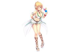 Rule 34 | 1girl, armlet, bare shoulders, bikini, bikini skirt, blonde hair, blush, bracelet, breasts, cleavage, drink, drinking straw, flower knight girl, full body, jewelry, kuchinashi (flower knight girl), large breasts, looking at viewer, necklace, one eye closed, open mouth, red eyes, sandals, solo, swimsuit, transparent background, utsurogi akira