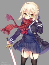 Rule 34 | 1girl, 2017, ahoge, artoria pendragon (all), artoria pendragon (fate), black-framed eyewear, black thighhighs, blonde hair, blue skirt, blush, braid, breasts, closed mouth, coat, cowboy shot, dated, duffel coat, fate/grand order, fate (series), french braid, fringe trim, garter straps, glasses, grey background, highres, holding, holding sword, holding weapon, light smile, looking at viewer, medium breasts, mysterious heroine x alter (fate), mysterious heroine x alter (first ascension) (fate), narusegawa riko, neckerchief, open clothes, open coat, plaid, plaid scarf, pleated skirt, red neckerchief, red scarf, saber (fate), scarf, school uniform, serafuku, short hair with long locks, sidelocks, signature, simple background, skirt, smile, solo, sword, thighhighs, twitter username, weapon, yellow eyes