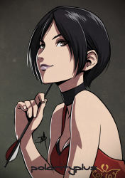 Rule 34 | 1girl, ada wong, arrow (projectile), black hair, bob cut, breasts, brown eyes, choker, cleavage, dress, lips, lipstick, makeup, parted bangs, polarityplus, purple lips, red dress, resident evil, resident evil 4, short hair, smile, solo, upper body
