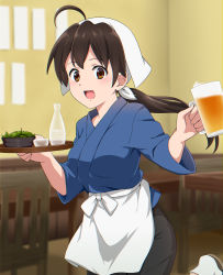 Rule 34 | 1girl, :d, ahoge, alcohol, apron, beer, beer mug, blurry, blurry background, brown eyes, brown hair, chair, commentary, cup, edamame, holding, holding cup, holding tray, indoors, isekai izakaya &quot;nobu&quot;, japanese clothes, long hair, looking at viewer, mizinkoex, mug, open mouth, ponytail, samue, senke shinobu, smile, solo, standing, standing on one leg, tray, waist apron, waitress