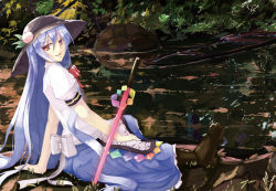 Rule 34 | 1girl, blue hair, bow, dacho, female focus, food, fruit, hat, hinanawi tenshi, long hair, peach, red eyes, sitting, smile, solo, sword, sword of hisou, touhou, weapon