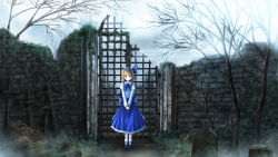 Rule 34 | 1girl, ai hajime, alice margatroid, alice margatroid (pc-98), bad id, bad pixiv id, bare tree, black footwear, blonde hair, blouse, blue eyes, blue ribbon, blue skirt, book, cloud, cloudy sky, column, cross, day, expressionless, frilled skirt, frills, full body, gate, hair ribbon, hairband, highres, juliet sleeves, lolita hairband, long sleeves, looking at viewer, mary janes, moss, neck ribbon, outdoors, overgrown, pillar, puffy sleeves, ribbon, rock, ruins, scenery, shirt, shoes, short hair, skirt, sky, solo, standing, stone wall, tombstone, touhou, touhou (pc-98), tree, v arms, wall, white legwear, white shirt, wide shot
