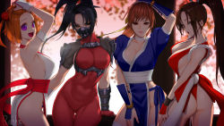 Rule 34 | 4girls, arm guards, armor, artist name, ass, bare shoulders, black eyes, black hair, bodysuit, breasts, bridal gauntlets, brown eyes, brown hair, cleavage, closed mouth, collarbone, commentary request, covered navel, dead or alive, fatal fury, female focus, hair ornament, highres, japanese clothes, kasumi (doa), large breasts, lips, long hair, mask, medium breasts, multiple girls, ninja, ogin (pachislot), open mouth, orange hair, pachislot koumonchama katsu, pelvic curtain, ponytail, purple eyes, red bodysuit, revealing clothes, rope, ryohhe, shiranui mai, short sleeves, shoulder armor, sideboob, signature, simple background, skin tight, sleeveless, smile, soul calibur, sunset, taki (soulcalibur), the king of fighters, thighs, thong, trait connection