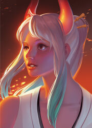 Rule 34 | 1girl, aqua hair, bare shoulders, commentary, hair ornament, hair stick, highres, horns, lolperson, long hair, multicolored hair, multicolored horns, one piece, oni, open mouth, orange eyes, orange horns, ponytail, realistic, red horns, solo, teeth, two-tone hair, white hair, yamato (one piece)
