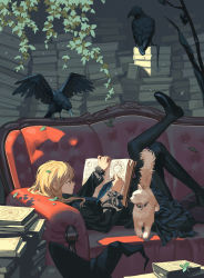 Rule 34 | 1girl, absurdres, bird, black bird, black dress, black footwear, black hat, black pantyhose, blonde hair, blue eyes, book, book stack, cat, couch, crow, cushion, dress, frilled dress, frilled sleeves, frills, from side, full body, hat, highres, holding, holding book, holding quill, indoors, jira, kirisame marisa, leaf, loafers, long sleeves, lying, on back, on couch, open book, pantyhose, parted lips, profile, quill, shoes, sidelighting, solo, touhou, unworn hat, unworn headwear, witch hat