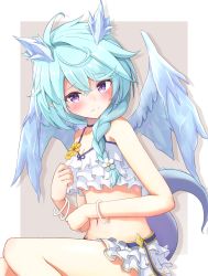 Rule 34 | 1girl, absurdres, ahoge, aqua hair, bikini, blush, border, breasts, brown background, closed mouth, commentary request, cowboy shot, crossed bangs, dragon girl, dragon horns, dragon tail, dragon wings, flower, furrowed brow, hair flower, hair ornament, hair over shoulder, hand up, highres, horns, inema 11, long hair, looking at viewer, navel, pointy ears, princess connect!, purple eyes, sheffy (princess connect!), sidelocks, solo, stomach, swimsuit, tail, tareme, underboob, white bikini, white border, wings