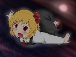 Rule 34 | 1girl, :d, anime coloring, aura, blonde hair, bobby socks, cloud, fang, flying, forest, full moon, hair ribbon, highres, long sleeves, looking to the side, moon, nature, necktie, night, open mouth, outdoors, outstretched arms, red eyes, red footwear, ribbon, rumia, selvalanch, shoes, short hair, skirt, skirt set, smile, socks, solo, spread arms, touhou