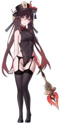 Rule 34 | 1girl, bare shoulders, black footwear, black garter belt, black nails, blush, bodysuit, breasts, brown bodysuit, brown hair, closed mouth, flower, flower-shaped pupils, full body, garter belt, genshin impact, gluteal fold, hat, hat flower, hat tassel, highres, hu tao (genshin impact), lace, lace-trimmed garter belt, lace-trimmed legwear, lace trim, long hair, looking at viewer, medium breasts, mizoshi-x, naughty face, no panties, plum blossoms, porkpie hat, red eyes, shoes, smile, solo, staff of homa (genshin impact), standing, symbol-shaped pupils, thighhighs, thighs