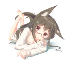 Rule 34 | 1girl, ahoge, animal ears, bare legs, barefoot, black hair, breasts, cleavage, dress, fox ears, fox tail, full body, glasses, hair ornament, twirling hair, hairclip, head tilt, legs up, long hair, looking at viewer, lying, medium breasts, misaki yuu, on stomach, original, purple eyes, shadow, simple background, smile, solo, sweater, sweater dress, tail, white background