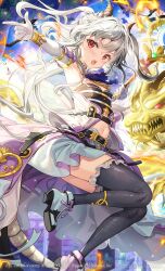 Rule 34 | 1girl, belt, belt buckle, black belt, black thighhighs, blue footwear, blue skirt, breasts, buckle, commentary request, dragon, dragon princess (z/x), elbow gloves, epaulettes, fire, fujima takuya, gloves, grey hair, holding, holding staff, horns, long hair, navel, official art, open mouth, outstretched arm, red eyes, shoe soles, skirt, small breasts, solo, staff, thighhighs, twisted torso, two side up, very long hair, white gloves, z/x