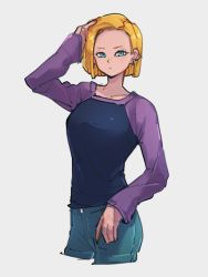 Rule 34 | 1girl, android 18, black shirt, blonde hair, blue eyes, blue pants, closed mouth, denim, dragon ball, dragonball z, earrings, grey background, jeans, jewelry, kemachiku, long sleeves, looking at viewer, pants, purple shirt, purple sleeves, shirt, short hair, simple background, solo, two-tone shirt