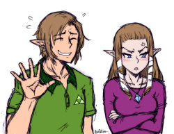 Rule 34 | 1boy, 1girl, akairiot, anger vein, angry, bad id, bad tumblr id, blue eyes, blush, brown hair, casual, collared shirt, crossed arms, earrings, flying sweatdrops, green shirt, grin, jewelry, link, long hair, necklace, nintendo, pointy ears, pout, princess zelda, purple shirt, shirt, sidelocks, simple background, sketch, smile, teeth, the legend of zelda, the legend of zelda: twilight princess, white background
