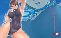 Rule 34 | 1girl, action pizazz, arm up, armpits, blue eyes, breasts, brown hair, competition swimsuit, goggles, highres, hip focus, large breasts, official art, official wallpaper, one-piece swimsuit, saigado, short hair, sideboob, skin tight, solo, swimsuit, wallpaper, zoom layer