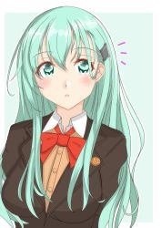 Rule 34 | 1girl, ^^^, absurdres, aqua background, aqua eyes, aqua hair, ascot, blazer, border, bow, bowtie, breasts, brown jacket, commentary request, hair ornament, hairclip, highres, jacket, kantai collection, large breasts, long hair, looking at viewer, nitamako (sakamalh), orange neckwear, school uniform, solo, suzuya (kancolle), two-tone background, upper body, white border