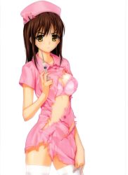 Rule 34 | &gt;:(, 00s, 1girl, \n/, absurdres, angry, blush, bow, bow bra, bra, breasts, brown hair, buttons, cleavage, cowboy shot, daimonji emi, dress, female focus, frilled bra, frills, from side, frown, groin, happoubi jin, hat, heart, highres, holding, lingerie, long hair, looking at viewer, midriff, no panties, nurse, nurse cap, official art, pink bra, pink dress, scan, short dress, short sleeves, simple background, solo, standing, syringe, torn clothes, torn dress, underwear, white background, white legwear, wing collar, yellow eyes, zettai shougeki
