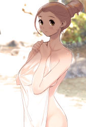 Rule 34 | 1girl, breasts, brown eyes, brown hair, covering privates, dytm, hair up, highres, large breasts, long hair, looking at viewer, naked towel, nude cover, onsen, original, pool monitor part-timer (dtym), see-through silhouette, solo, sweatdrop, towel