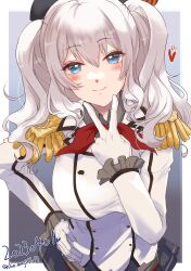 Rule 34 | 1girl, absurdres, beret, blue eyes, blush, breasts, dated, epaulettes, frilled sleeves, frills, gloves, grey hair, hand on own hip, hat, highres, jacket, kantai collection, kashima (kancolle), large breasts, long hair, long sleeves, looking at viewer, military, military jacket, military uniform, neckerchief, pleated skirt, red neckerchief, shiomugi (shio mugi1107), skirt, smile, solo, twintails, twitter username, uniform, v, wavy hair, white gloves